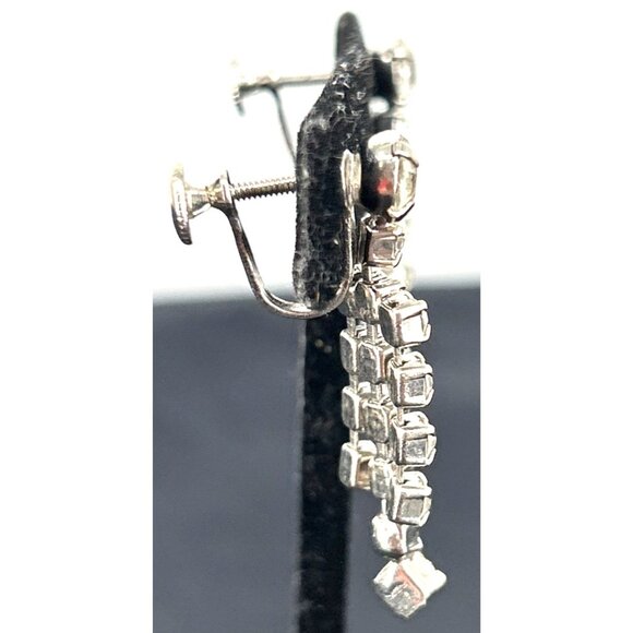 Rhinestone Earrings 3 Row Dangle Screw Back Vintage 1.5" Long Unsigned - Picture 4 of 5